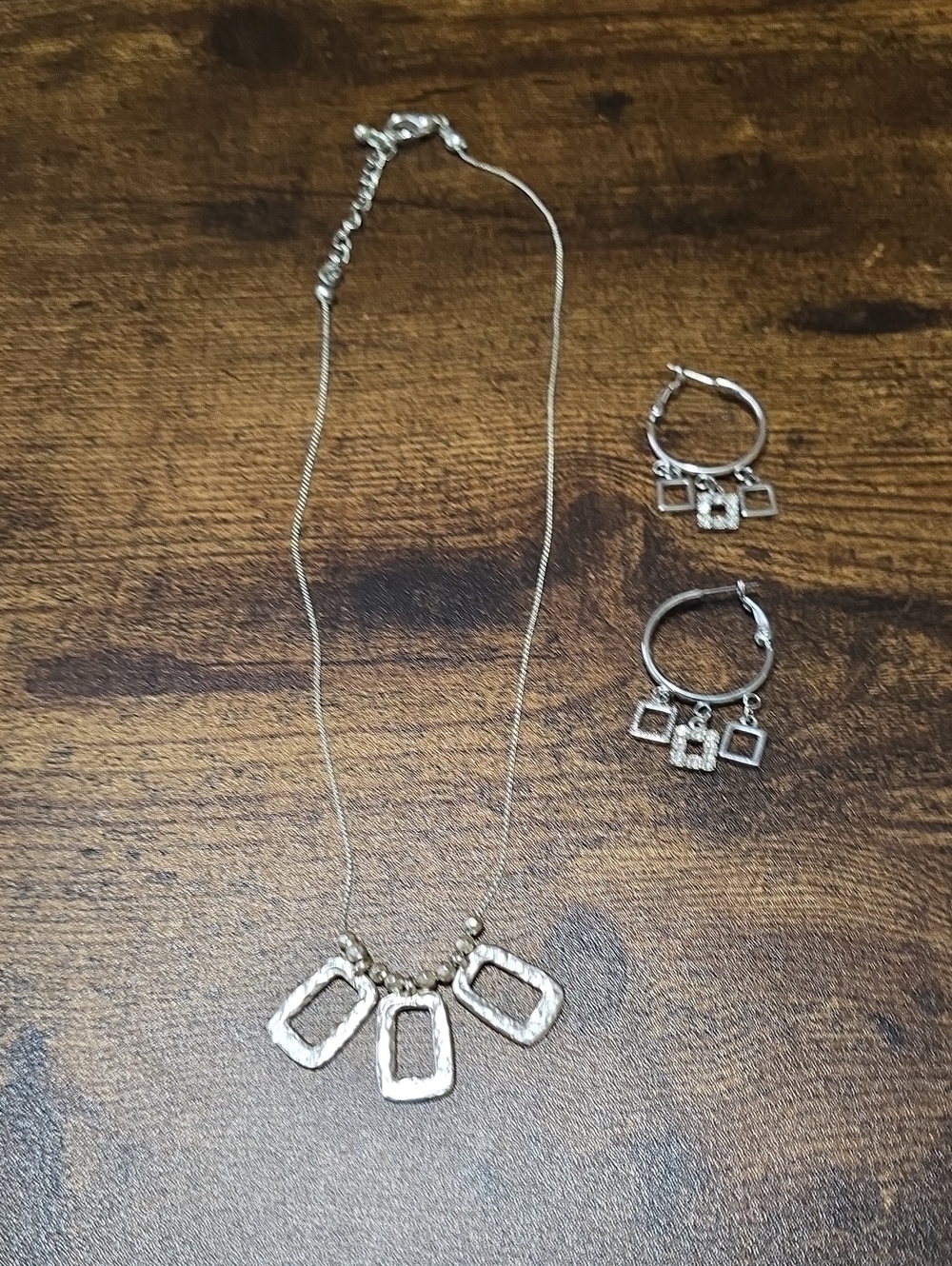 Silver Geometric Pendant Necklace and Hoop Earring Set With Crystals